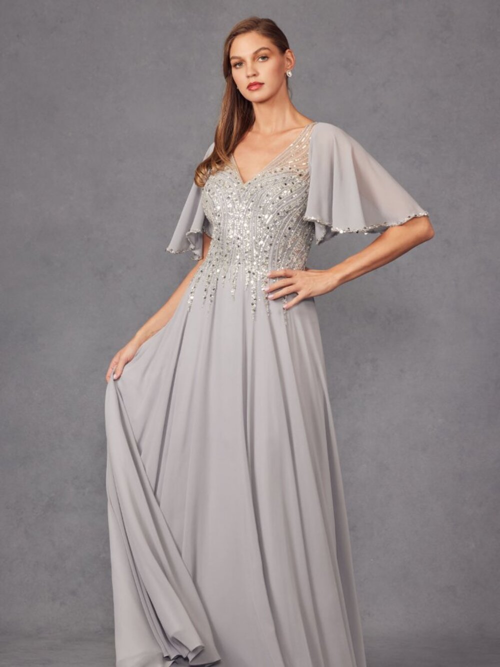 New Silver Elegant A-line Mother Of The Bride Gown w/ Flutter Sleeves JTM14F